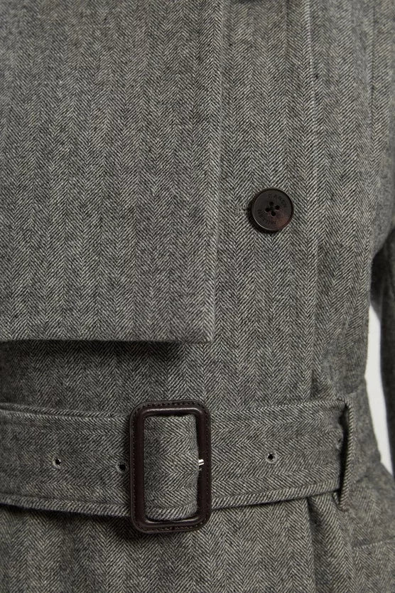 Herringbone Wool Belted Trench Tailored Maxi Coat