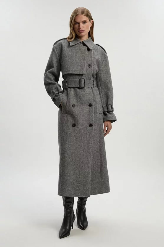Herringbone Wool Belted Trench Tailored Maxi Coat