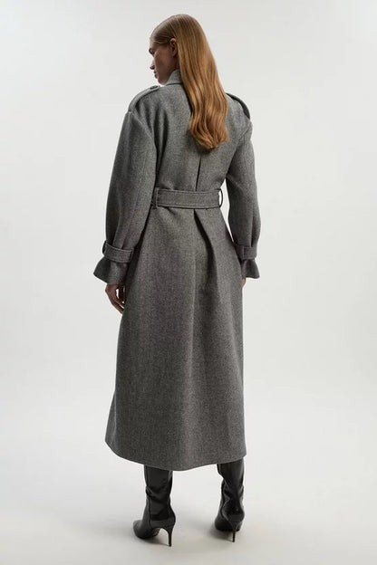 Herringbone Wool Belted Trench Tailored Maxi Coat
