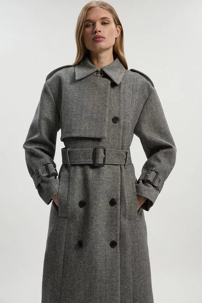 Herringbone Wool Belted Trench Tailored Maxi Coat