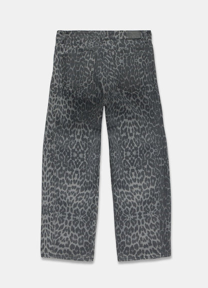 Grey Leopard Print Barrel Leg Jeans