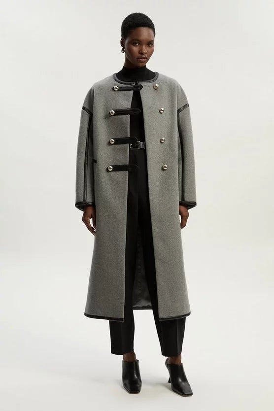 Brushed Wool PU Mix Tailored Collarless Midi Coat