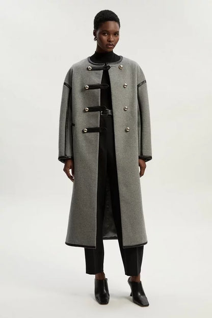 Brushed Wool PU Mix Tailored Collarless Midi Coat
