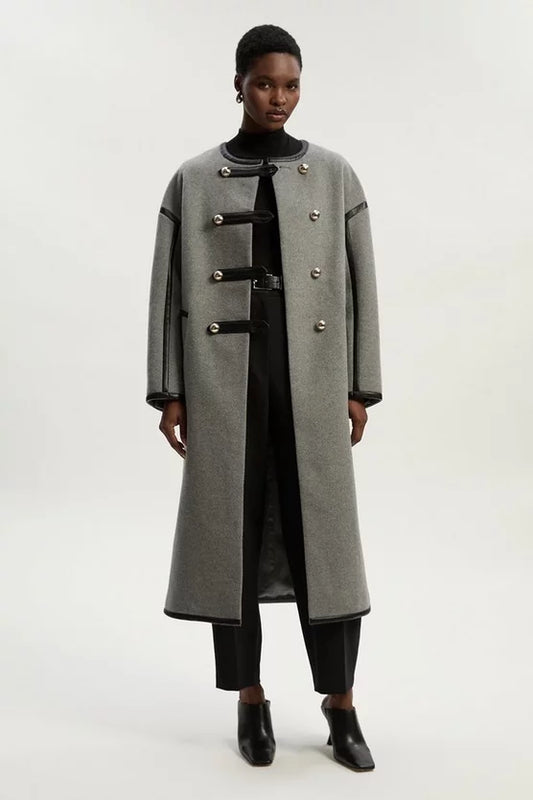 Brushed Wool PU Mix Tailored Collarless Midi Coat