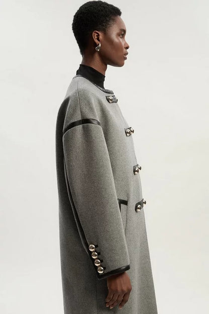 Brushed Wool PU Mix Tailored Collarless Midi Coat