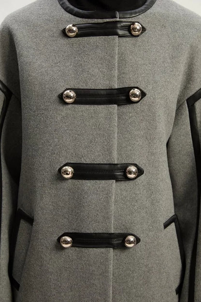 Brushed Wool PU Mix Tailored Collarless Midi Coat