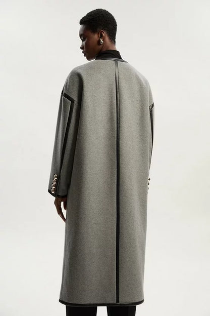 Brushed Wool PU Mix Tailored Collarless Midi Coat