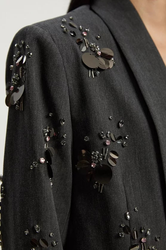 Cluster Sequin & Crystal Embellished Tailored Single Breast Blazer