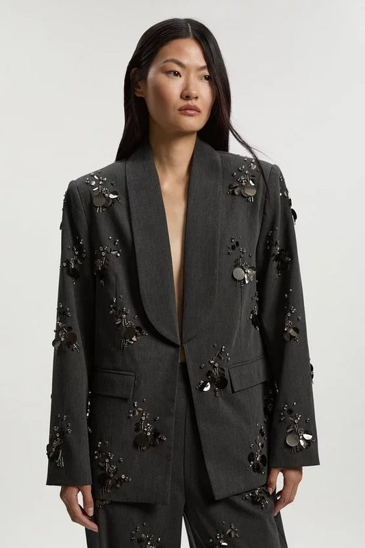 Cluster Sequin & Crystal Embellished Tailored Single Breast Blazer