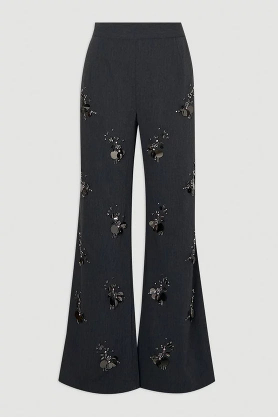 Cluster Sequin & Crystal Embellished Tailored Wide Leg Trouser