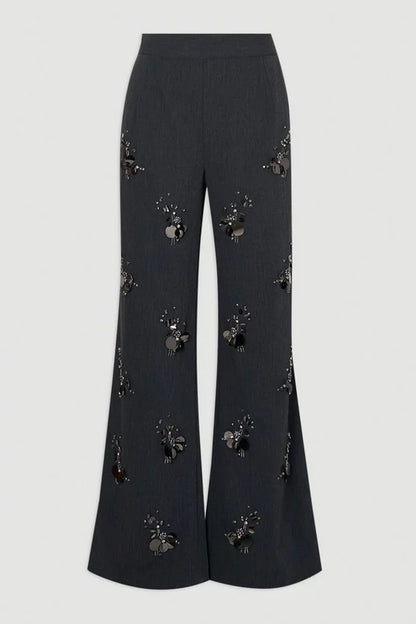 Cluster Sequin & Crystal Embellished Tailored Wide Leg Trouser