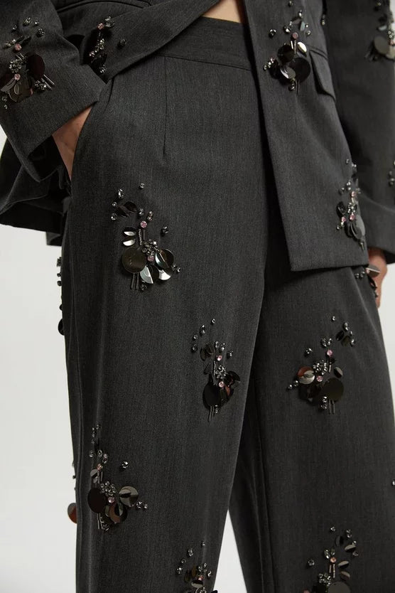 Cluster Sequin & Crystal Embellished Tailored Wide Leg Trouser