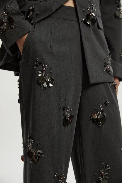 Cluster Sequin & Crystal Embellished Tailored Wide Leg Trouser