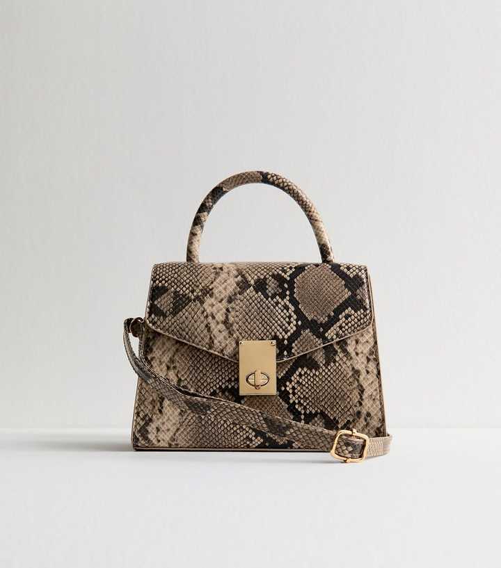 Snakeskin Effect Faux Leather Twist Lock Crossbody Bag