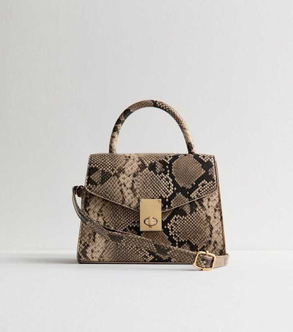 Snakeskin Effect Faux Leather Twist Lock Crossbody Bag