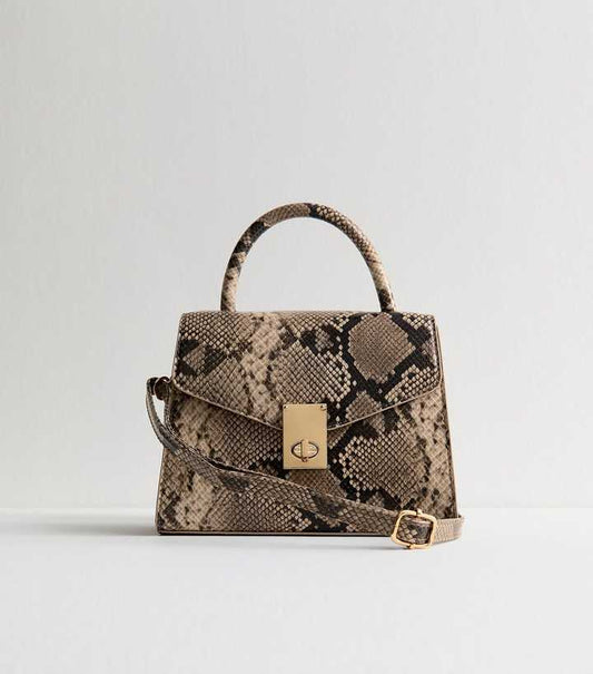Snakeskin Effect Faux Leather Twist Lock Crossbody Bag