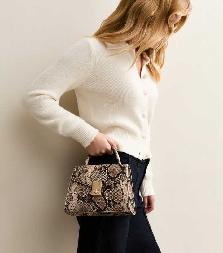 Snakeskin Effect Faux Leather Twist Lock Crossbody Bag
