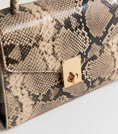Snakeskin Effect Faux Leather Twist Lock Crossbody Bag