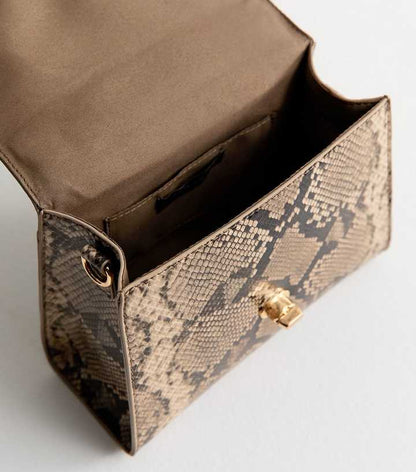 Snakeskin Effect Faux Leather Twist Lock Crossbody Bag