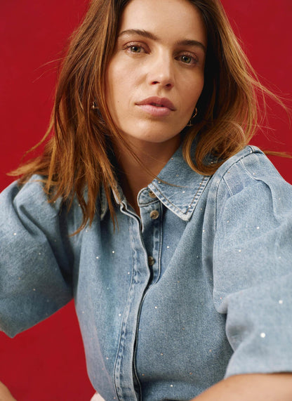 Indigo Denim Embellished Puff Sleeve Shirt