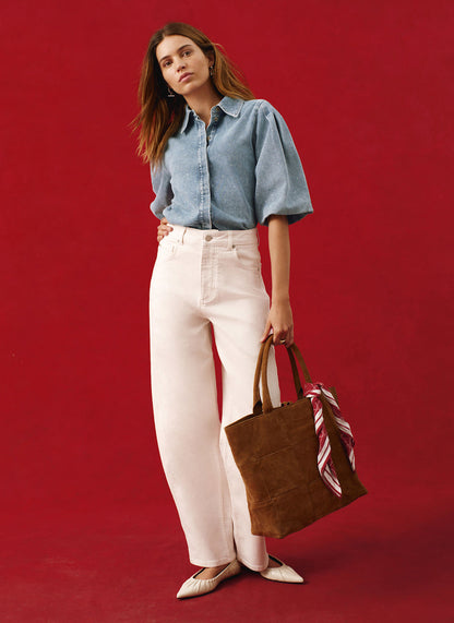 Indigo Denim Embellished Puff Sleeve Shirt