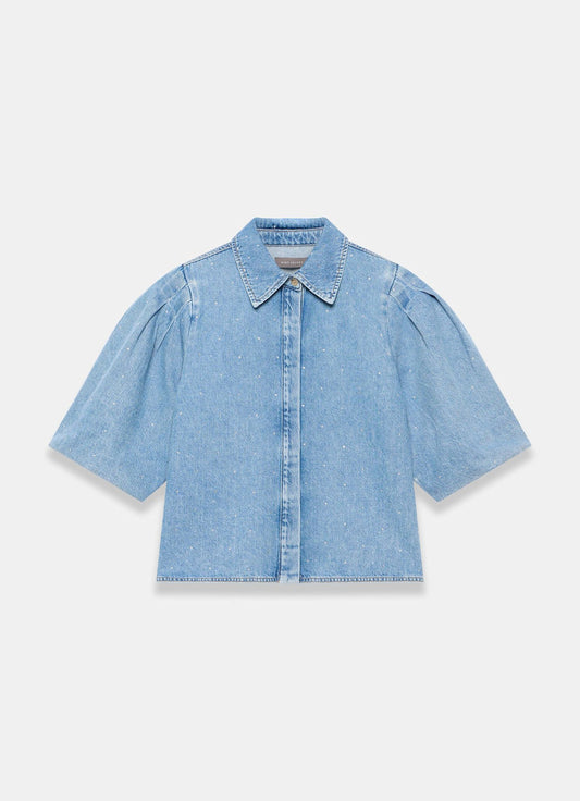 Indigo Denim Embellished Puff Sleeve Shirt