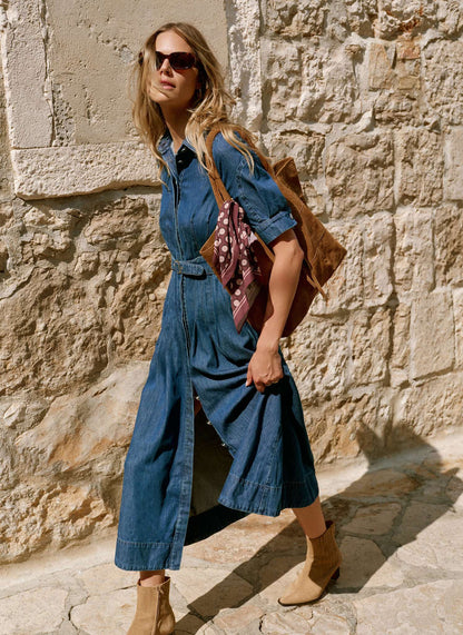 Indigo Denim Midi Shirt Dress
