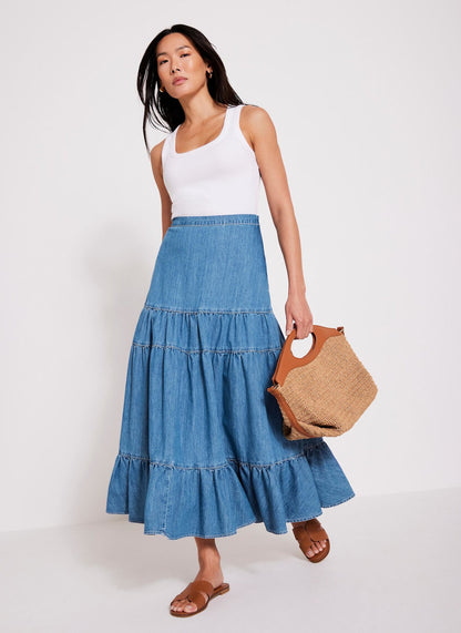 Indigo Tiered Denim Maxi Skirt
