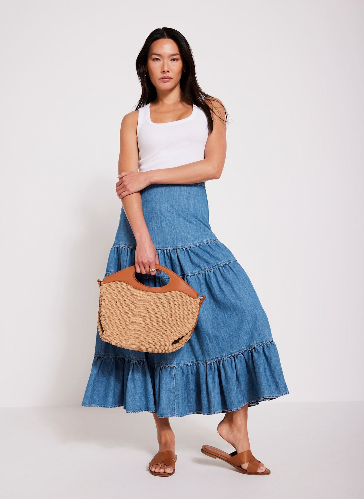 Indigo Tiered Denim Maxi Skirt