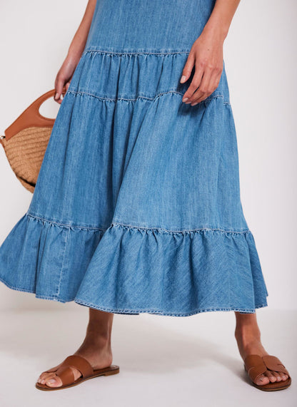 Indigo Tiered Denim Maxi Skirt
