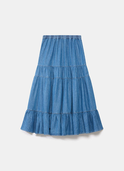 Indigo Tiered Denim Maxi Skirt