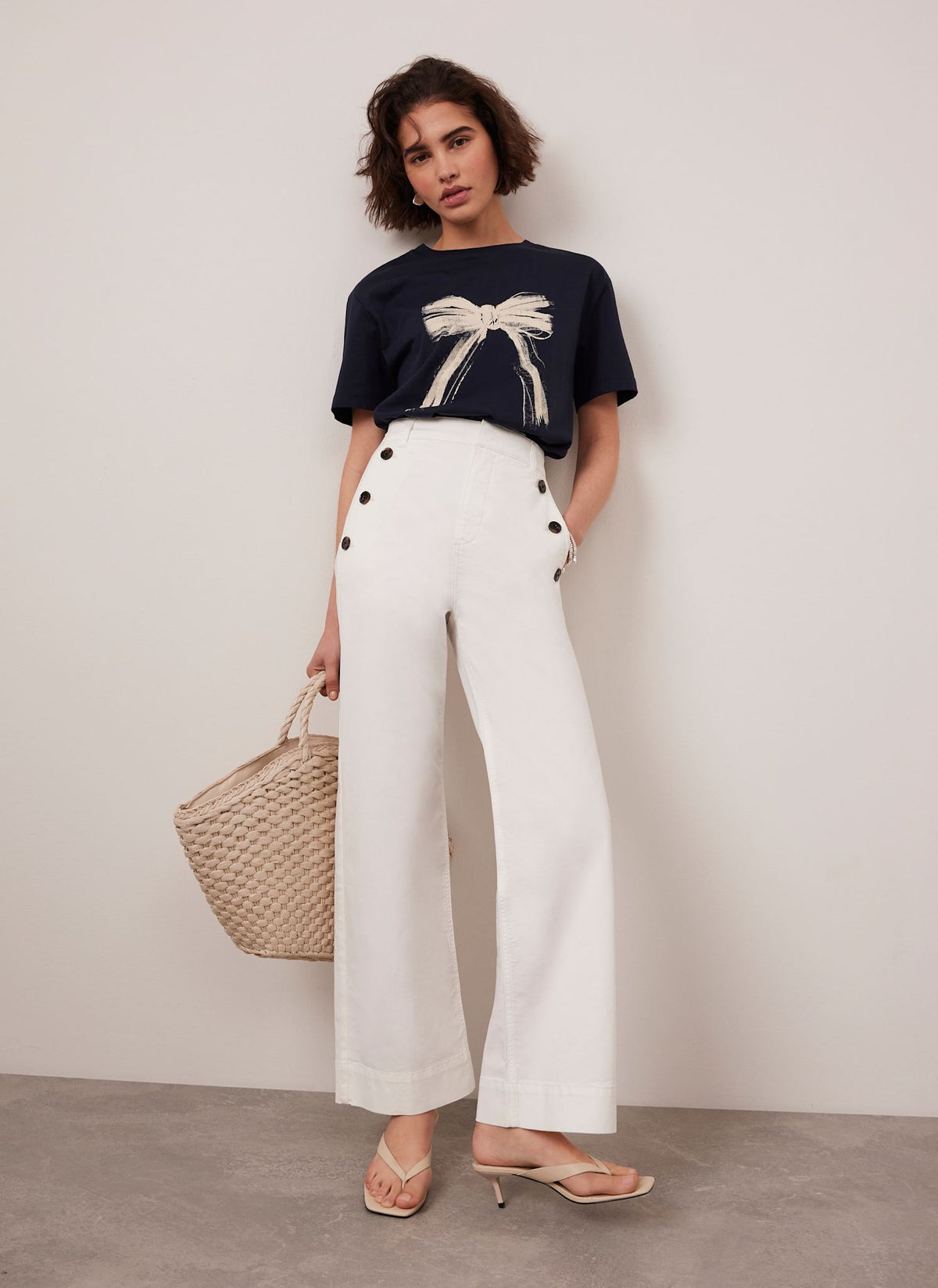 White Button Detail Cropped Trousers