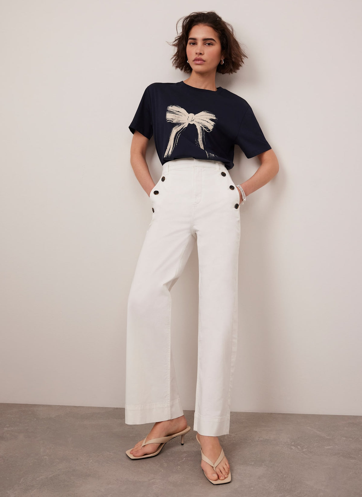 White Button Detail Cropped Trousers