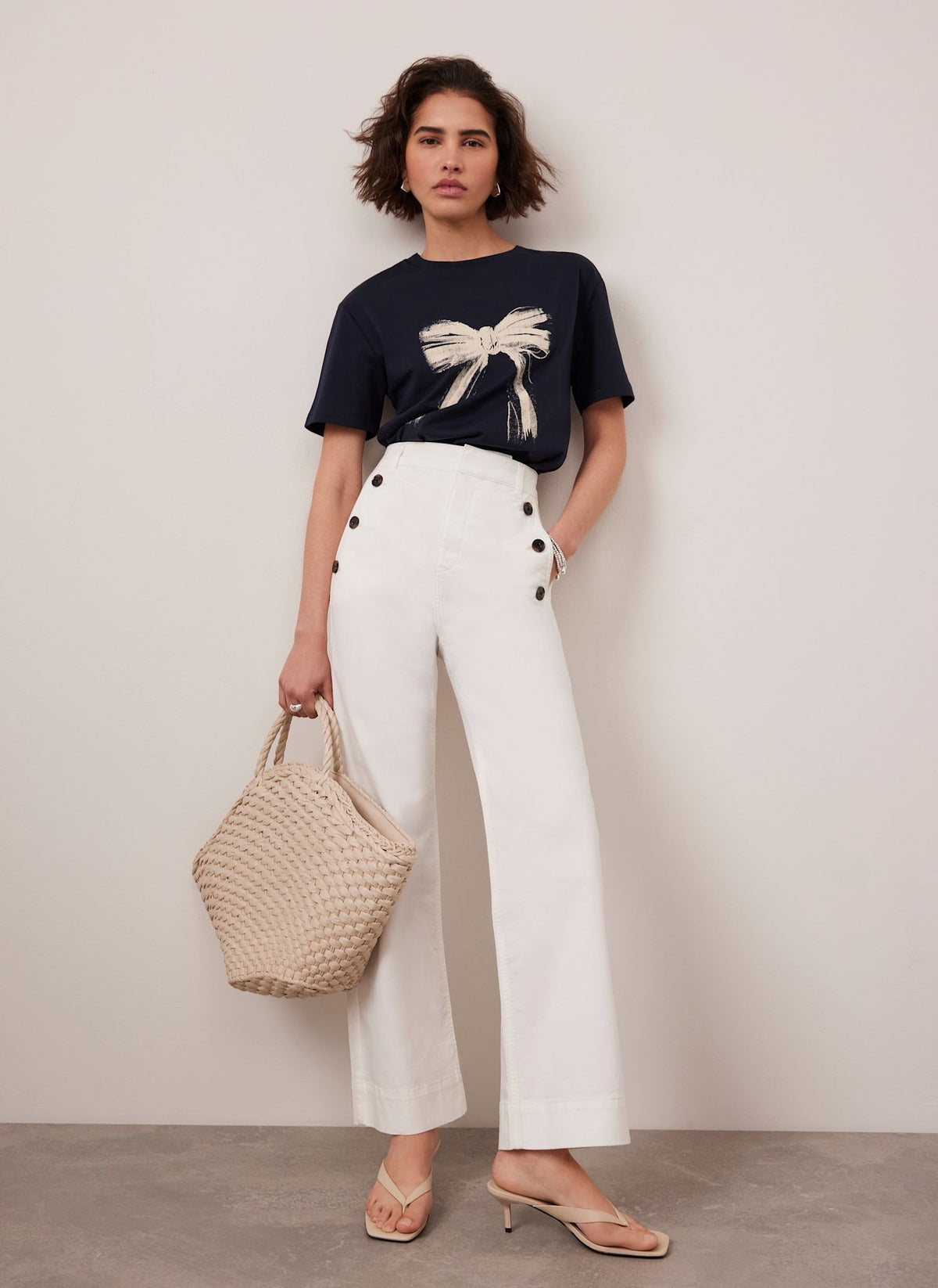 White Button Detail Cropped Trousers