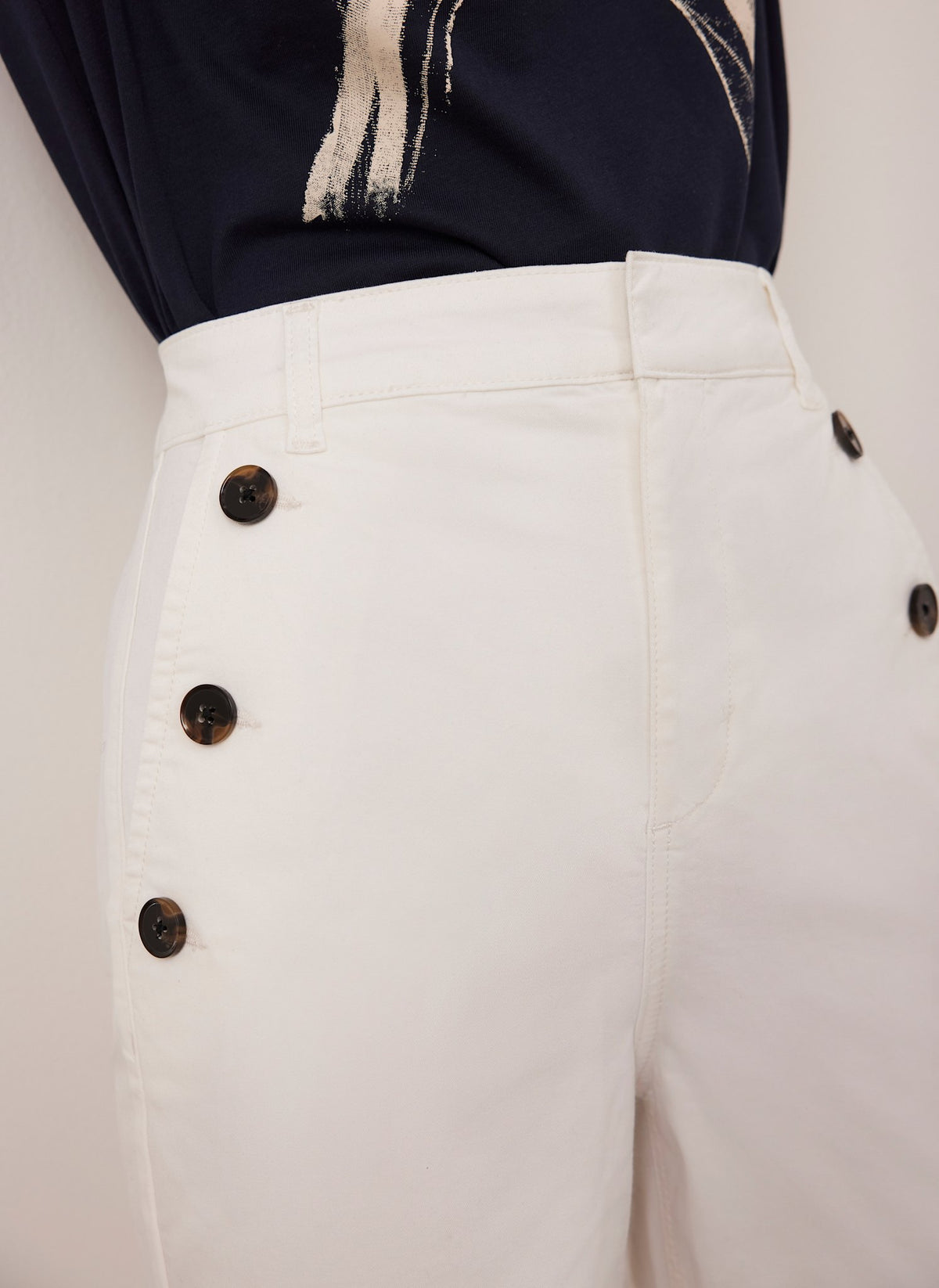 White Button Detail Cropped Trousers