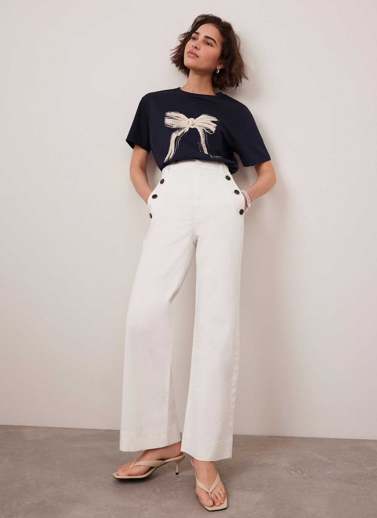 White Button Detail Cropped Trousers