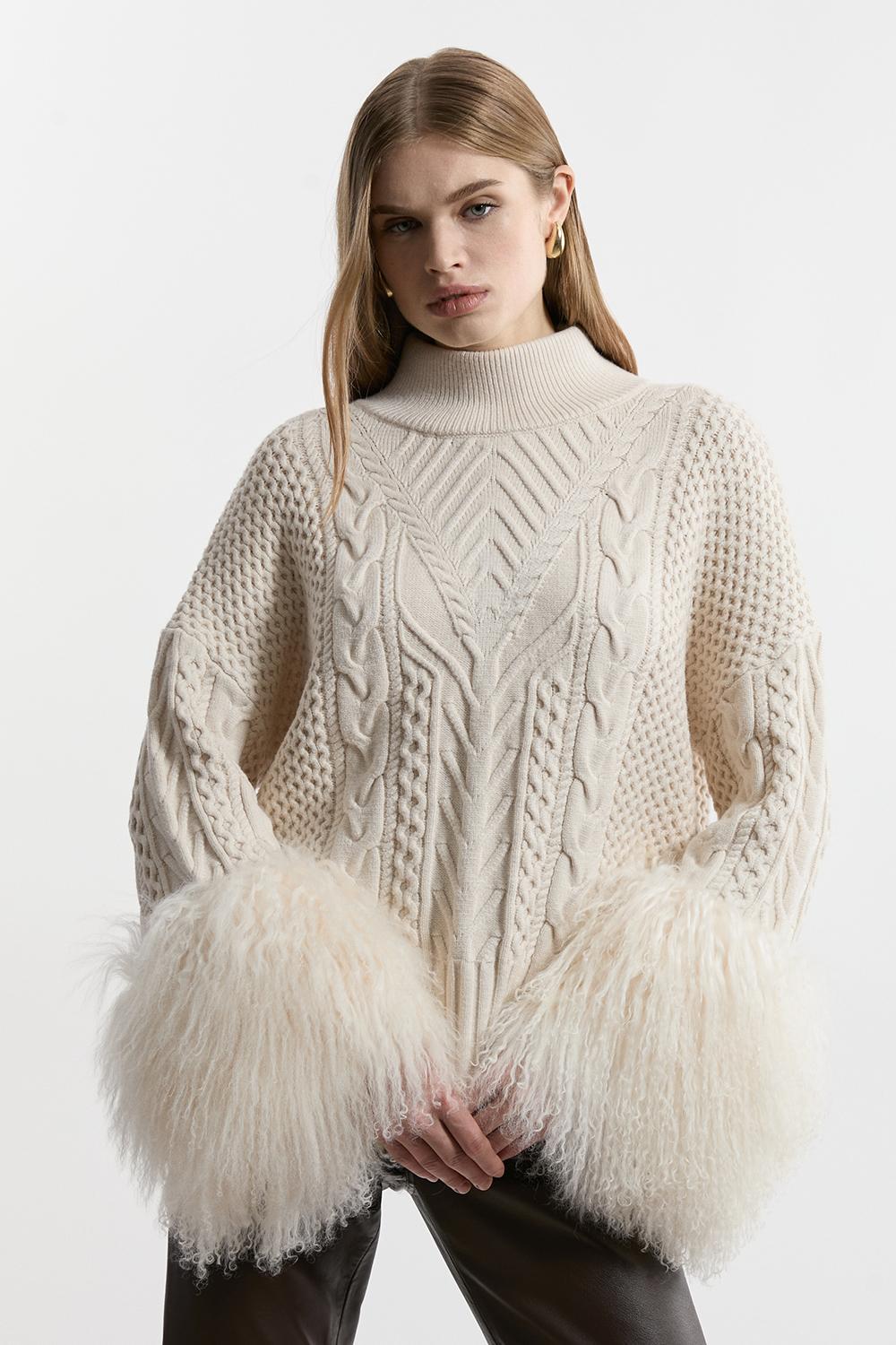 Cable Knit Viscose Blend Shearling Cuff Jumper