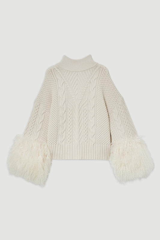 Cable Knit Viscose Blend Shearling Cuff Jumper