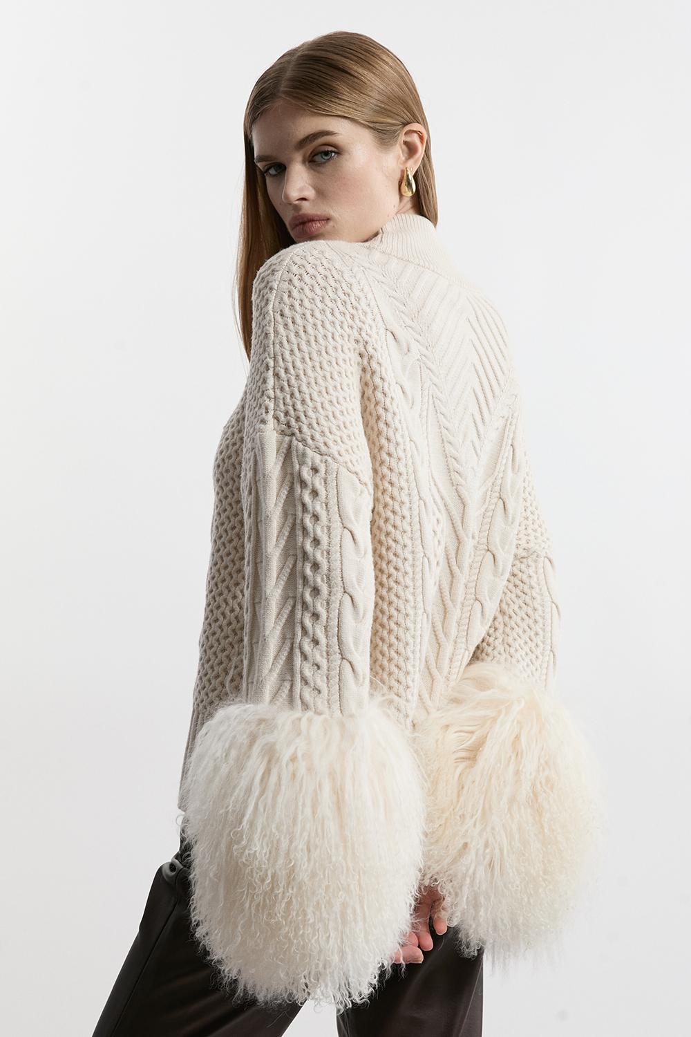 Cable Knit Viscose Blend Shearling Cuff Jumper