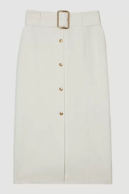 Clean Tailored Belted Pencil Midi Skirt