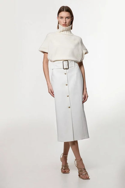 Clean Tailored Belted Pencil Midi Skirt