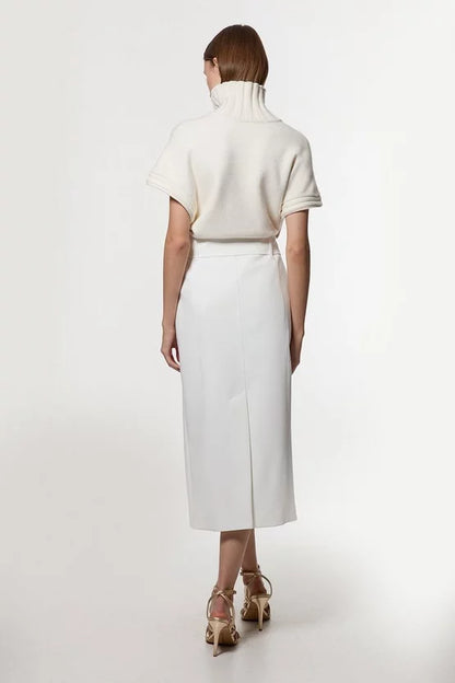 Clean Tailored Belted Pencil Midi Skirt