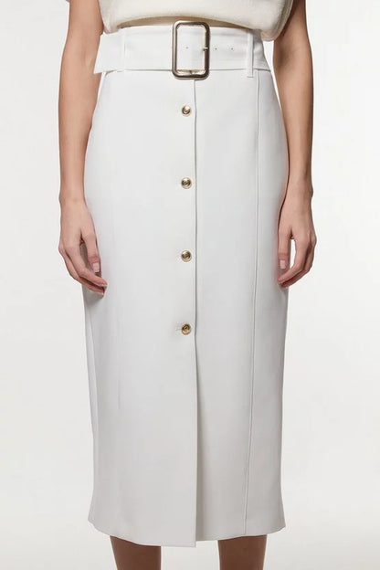 Clean Tailored Belted Pencil Midi Skirt
