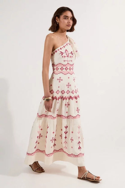 Cotton Embroidered Woven One Shoulder Maxi Dress