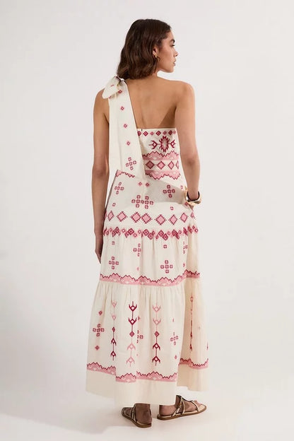 Cotton Embroidered Woven One Shoulder Maxi Dress