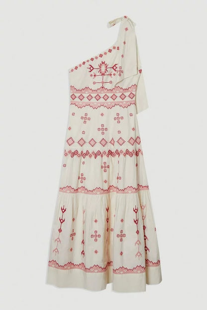 Cotton Embroidered Woven One Shoulder Maxi Dress