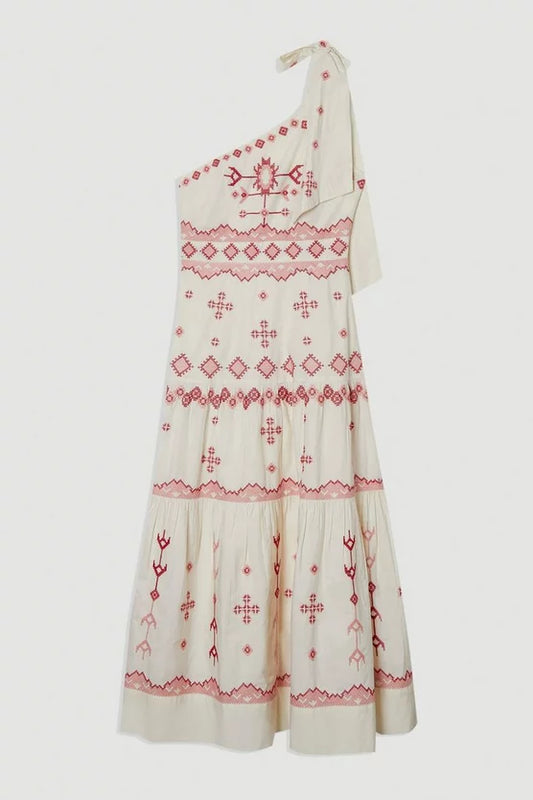 Cotton Embroidered Woven One Shoulder Maxi Dress