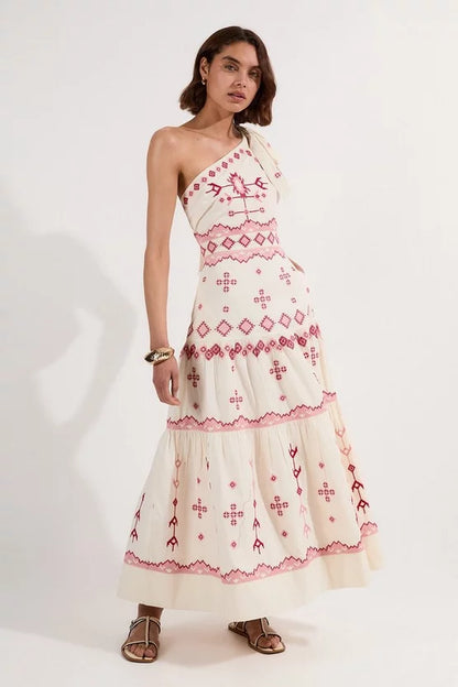 Cotton Embroidered Woven One Shoulder Maxi Dress