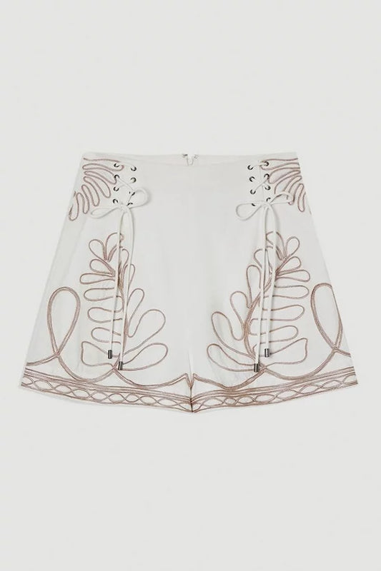 Cotton Linen Cornelli Embroidered Woven High Waisted Short