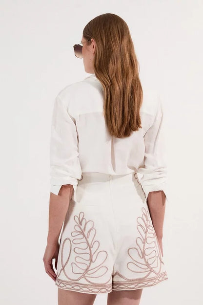 Cotton Linen Cornelli Embroidered Woven High Waisted Short